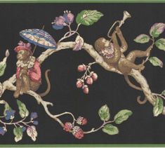 two monkeys are sitting on a tree branch with an umbrella