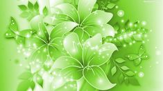 an abstract green background with flowers and leaves