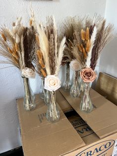 three vases with dried flowers and feathers in them on a cardboard box next to a wall