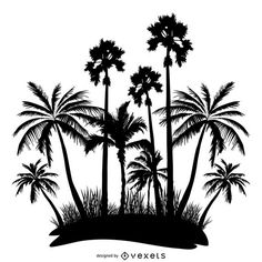 black and white silhouette of palm trees on an island with grass in the foreground