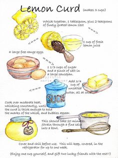 a recipe for lemon curd is shown in this hand - drawn illustration, which shows the ingredients and how to make it