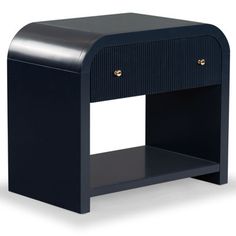 the side table is black and has two drawers on each side, with one drawer open