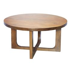 a round wooden table with two intersecting legs on an isolated white background for use as a coffee table