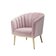 a pink velvet chair with wooden legs