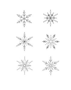 six snowflakes are shown in black and white