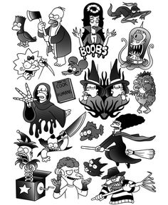 various cartoon characters are shown in black and white