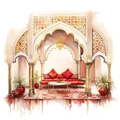 a watercolor painting of a living room with red couches and an archway to the side