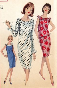 Simplicity 5824 Pattern, 1960s Dress, Size 14, Bust 34, 1 Piece and 2 Piece Dress, Ruffle Round Collar, Dart Fitted Skirt, Below the Knee  Misses' Dress One piece, two piece dress or top and skirt. Dress and top feature round neckline with ruffle trim and back zipper closing, sleeveless or with long set in sleeves with ruffle trim. Slim fitted skirt has darts, side zipper closing and waist band. Pattern has been cut, but all pieces are there. Please see envelope in pictures for measurements.  En Dress One Piece, Patron Vintage, 1960 Fashion, 60s And 70s Fashion, 2 Piece Dress, Vintage Dresses 1960s, 1960s Dress, Seventies Fashion, 1960's Dress