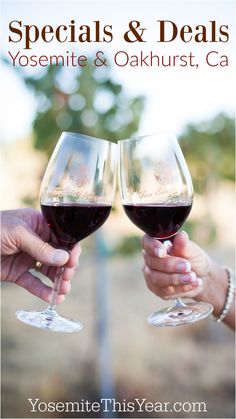 two people toasting wine glasses with the words special & deal's yosemite and oakhurst, ca