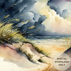 a painting of sand dunes and grass on the beach with clouds in the sky above