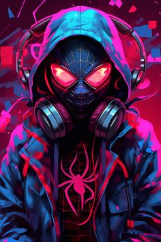 a man in a hoodie with headphones and a spider - man mask on