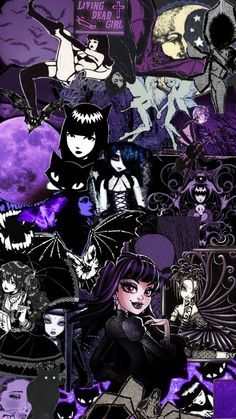 an image of many different characters in purple and black colors, with one woman standing next to the other