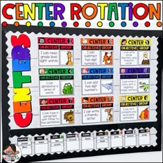 a bulletin board with the words center rottation on it and an image of a cartoon character