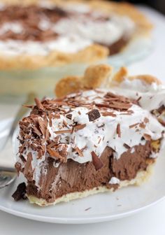 a piece of chocolate pie on a white plate