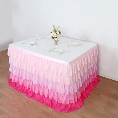 a table with pink and white ruffles on it in front of a wall