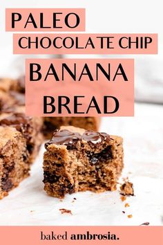 paleo chocolate chip banana bread cut in half and stacked on top of each other