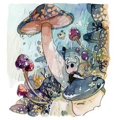 a painting of mushrooms and other plants in the rain