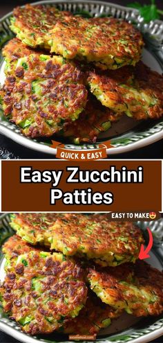 zucchini patties are stacked on top of each other with text overlay