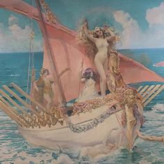 a painting of a woman standing on top of a boat with other women in it