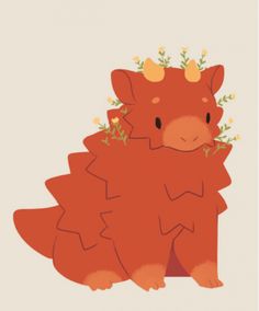 an orange animal with flowers on its head