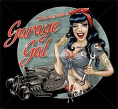 a woman holding a wrench in front of a car with the words garage gal on it