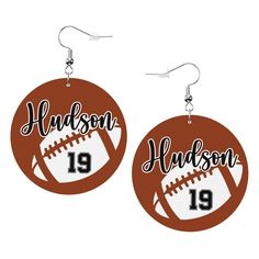 personalized football dangle earrings with the name and number 19 on each earring