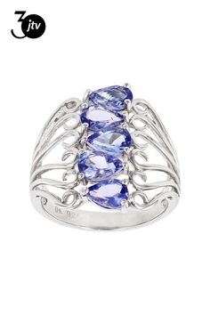 1.70ctw pear shape tanzanite rhodium over sterling silver 5-stone ring. Measures approximately .43"L x .75"W. Not sizeable. Tree Jewelry, Blue Tanzanite, Jewelry Tree, Pear Shape, Pear Shaped, Stone Rings, Pear, Sterling Silver, Ring