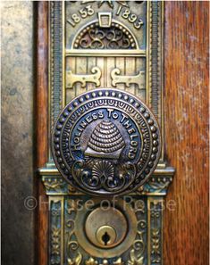 an ornate door handle on a wooden door