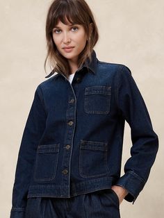 Denim Chore Jacket | Banana Republic Factory Worker Style, Dark Denim Jacket, Canadian Tuxedo, Worker Jacket, Vintage Jean Jacket, Denim Wear, Book Clothes, Chore Coat, Cardigan Shirt