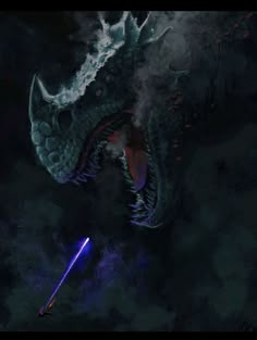 a dragon with its mouth open and a light saber in it's mouth, on a dark background