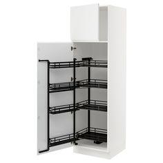 a white cabinet with black shelves and drawers