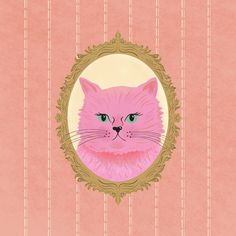 a pink cat with blue eyes is in a gold frame on a pink wallpapered background