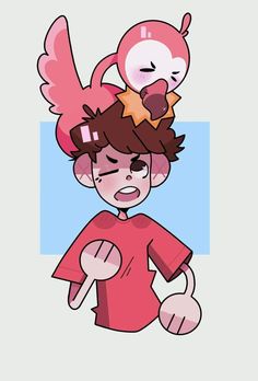 a drawing of a person with a bird on their head and another character in the background