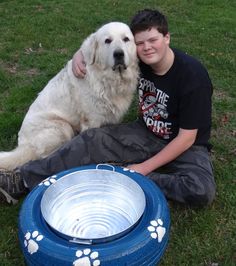 a boy and his dog are sitting in the grass