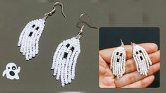 two pictures of white beaded ghost earrings