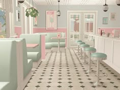 the interior of a restaurant with pastel colors