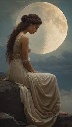 a woman sitting on top of a rock next to a full moon in the sky