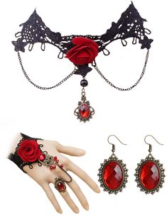 a woman's hand with jewelry on it and a red rose in the middle