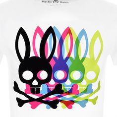 a white t - shirt with colorful skulls and bunny ears on it