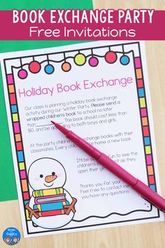 a holiday book exchange party with a snowman and penguin on the front, free printable