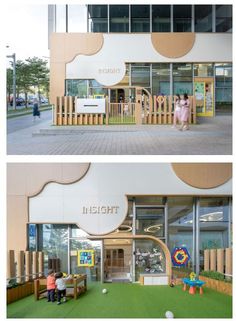 two pictures of children playing in front of a building with wooden fence and green grass