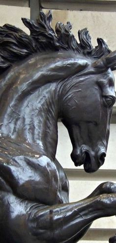 a bronze statue of a horse and rider in front of a building with stairs behind it