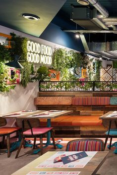 Funky colourful vibrant restaurant decor design ideas. Indian street food restaurant decor. Mexican Restaurants Interior, Bohemian Restaurant, Orange Restaurant, Funky Interior, Funky Interior Design, Indian Cafe, Mexican Restaurant Design, Bistro Interior, Mexican Restaurant Decor