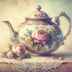 a painting of a tea pot with flowers on it