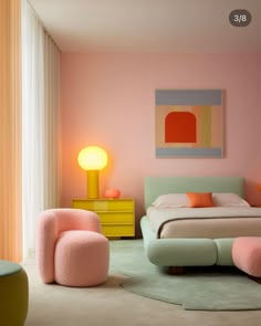 a bedroom with pastel colors and furniture in it, including a bed that has been made into a chair