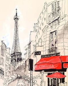 an ink drawing of the eiffel tower in paris, with red umbrellas