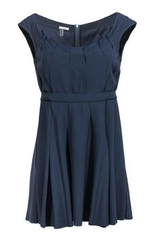 Current Boutique-Miu Miu - Navy Pleated Fit & Flare Dress Sz 10 Chic Navy A-line Mini Dress, Flattering Blue Evening Dress, Elegant Blue Dress With Pleated Back, Chic Blue Midi Dress With Pleated Back, Navy Mini Dress For Summer Formals, Chic Mini Dress With Pleated Bodice For Work, Dressy Pleated Back Dress For Date Night, Chic Navy Knee-length Dresses, Chic Navy Evening Dress