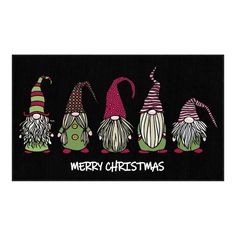 four gnomes with hats and the words merry christmas