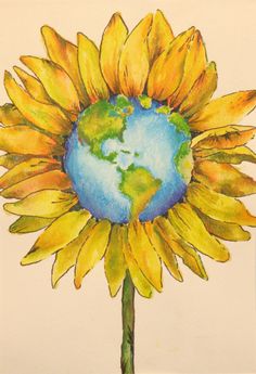 a drawing of a sunflower with the earth in it's center