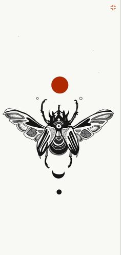 a black and white drawing of a bee with an orange dot in the middle of its body